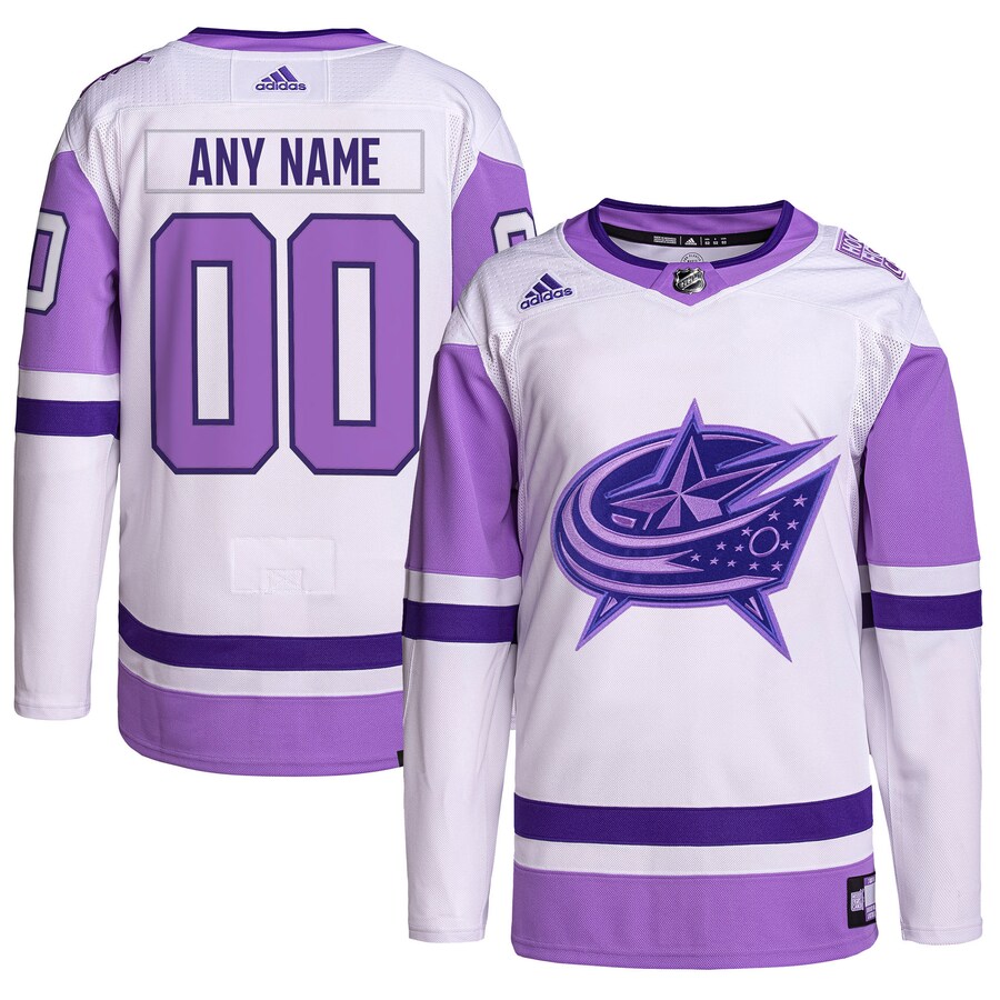 Men's Columbus Blue Jackets adidas White/Purple Hockey Fights Cancer Primegreen Authentic Custom Jersey - ujerseystore