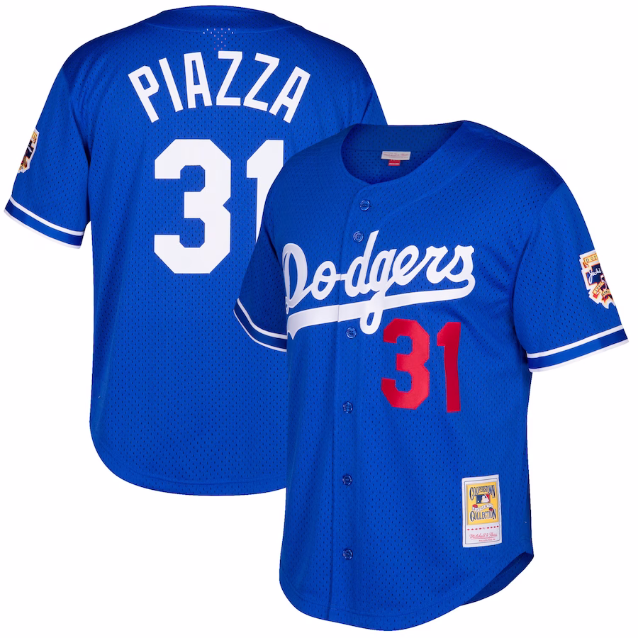 Men's Los Angeles Dodgers Mike Piazza Mitchell & Ness Royal Cooperstown Collection Mesh Batting Practice Button-Up Jersey - ujerseystore