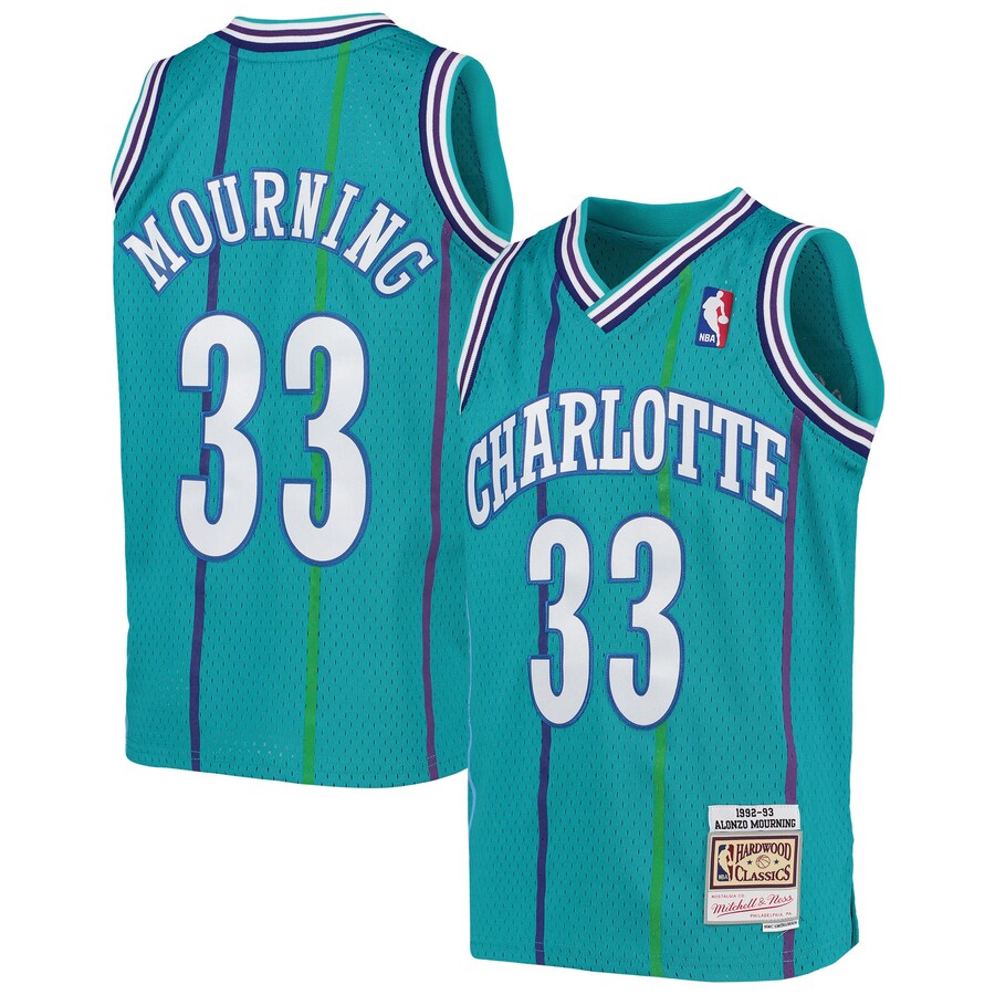 Youth Charlotte Hornets Alonzo Mourning Mitchell & Ness Teal 1992/93 Hardwood Classics Swingman Jersey - ujerseystore