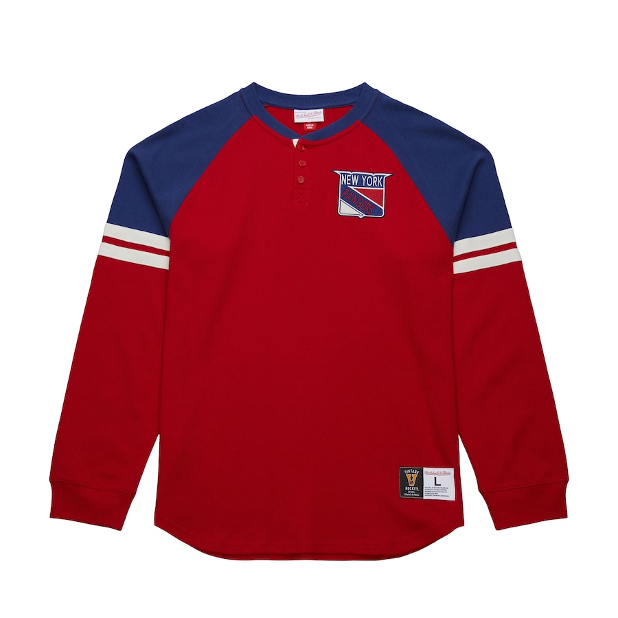 Men's New York Rangers Mitchell & Ness Red Thermal Henley Long Sleeve T-Shirt - ujerseystore