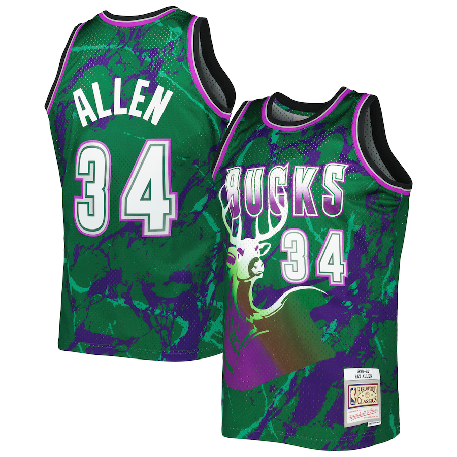 Men's Milwaukee Bucks Ray Allen Mitchell & Ness Green 1996/97 Hardwood Classics Marble Swingman Jersey - ujerseystore
