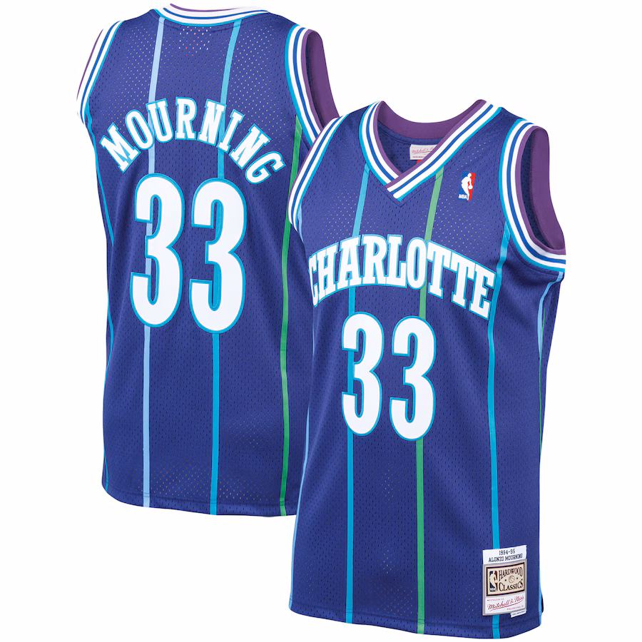 Men's Charlotte Hornets Alonzo Mourning Mitchell & Ness Purple 1994/95 Hardwood Classics Swingman Jersey - ujerseystore