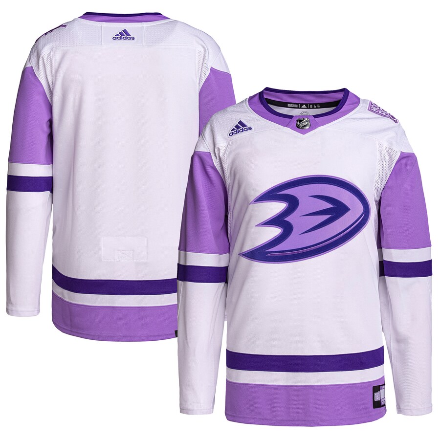 Men's Anaheim Ducks adidas White/Purple Hockey Fights Cancer Primegreen Authentic Blank Practice Jersey - ujerseystore
