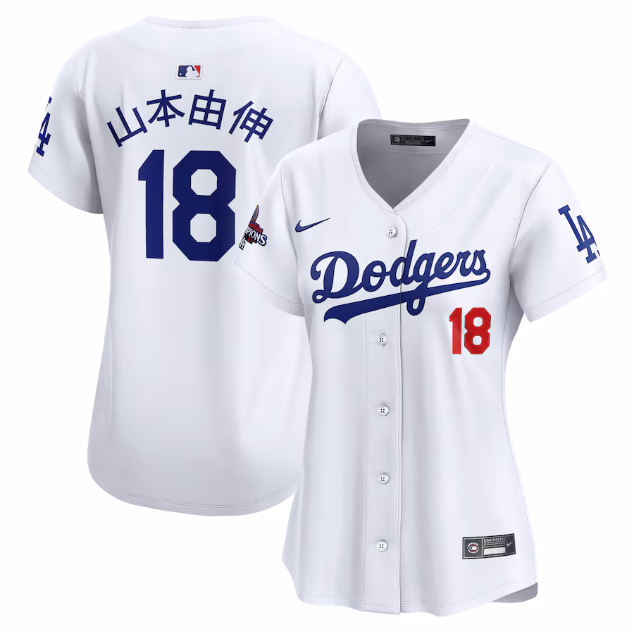 Women's Los Angeles Dodgers Yoshinobu Yamamoto Nike White 2024 World Series Champions Japanese Characters Limited Player Jersey - ujerseystore
