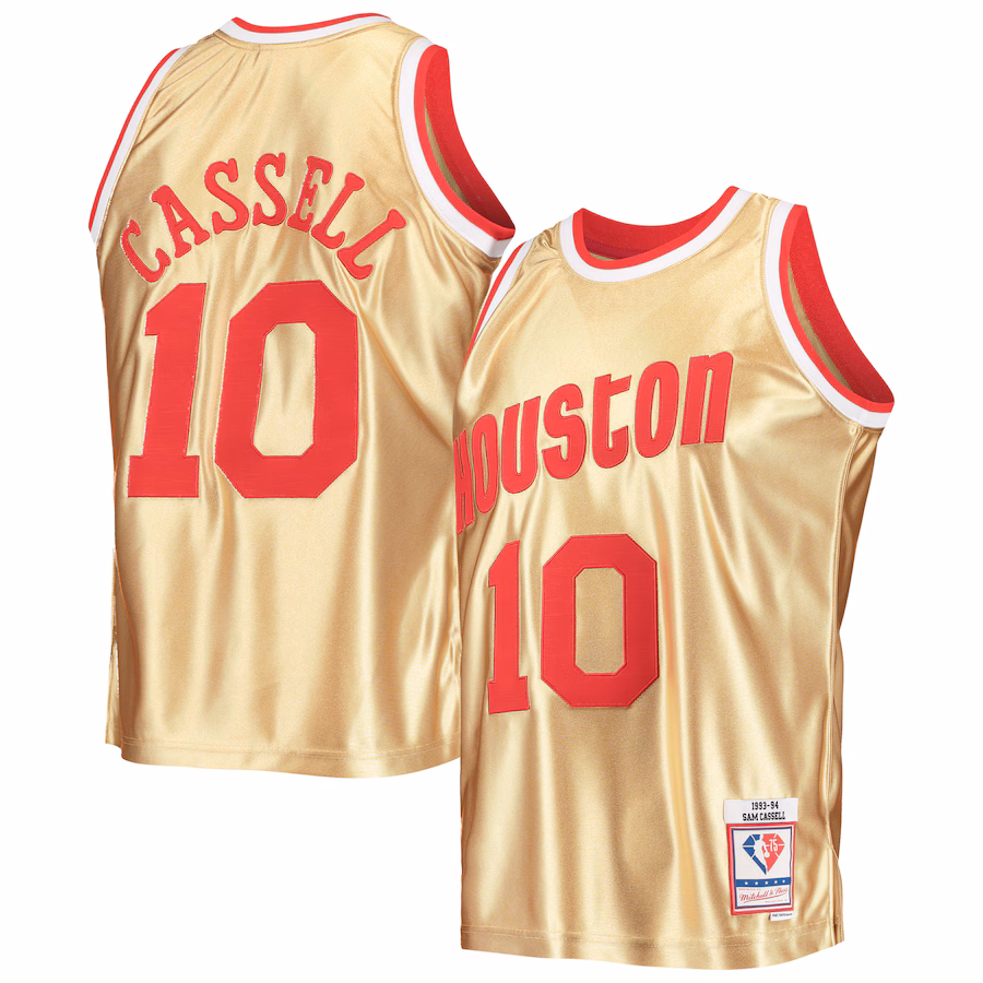 Men's Houston Rockets Sam Cassell Gold Mitchell & Ness 75th Anniversary 1993/94 Hardwood Classics Swingman Jersey - ujerseystore