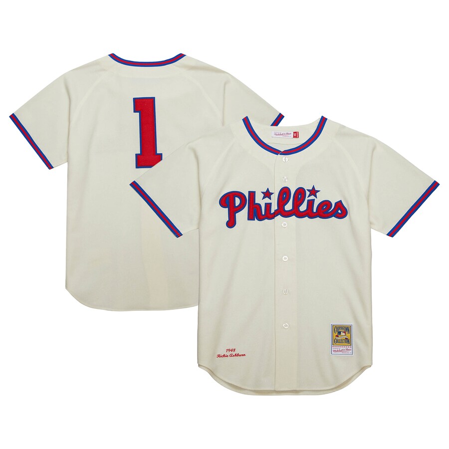 Men's Philadelphia Phillies Richie Ashburn Mitchell & Ness Cream Cooperstown Collection 1948 Authentic Jersey - ujerseystore
