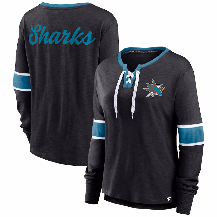 Women's San Jose Sharks Fanatics Black Effervescent Exclusive Lace-Up Long Sleeve T-Shirt - ujerseystore