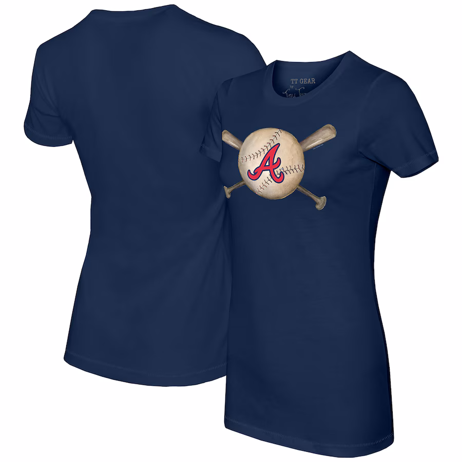 Women's Atlanta Braves Tiny Turnip Navy Baseball Cross Bats T-Shirt - ujerseystore