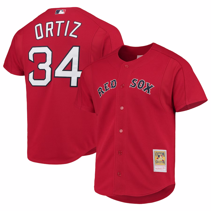 Men's Boston Red Sox David Ortiz Mitchell & Ness Red Cooperstown Collection Mesh Batting Practice Button-Up Jersey - ujerseystore
