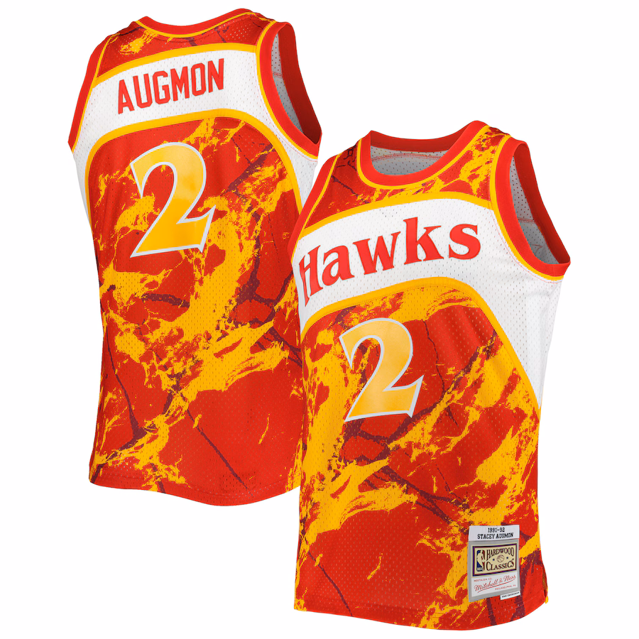 Men's Atlanta Hawks Stacey Augmon Mitchell & Ness Red 1991/92 Hardwood Classics Marble Swingman Jersey - ujerseystore