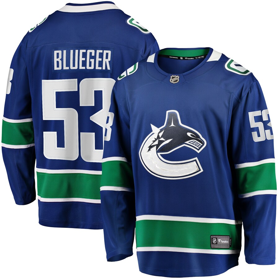Men's Vancouver Canucks Teddy Blueger Fanatics Branded Blue Home Breakaway Jersey - ujerseystore