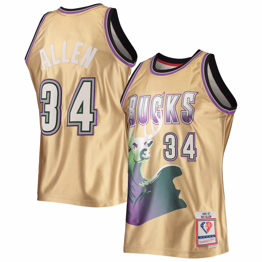 Men's Milwaukee Bucks Ray Allen Gold Mitchell & Ness 75th Anniversary 1996/97 Hardwood Classics Swingman Jersey - ujerseystore
