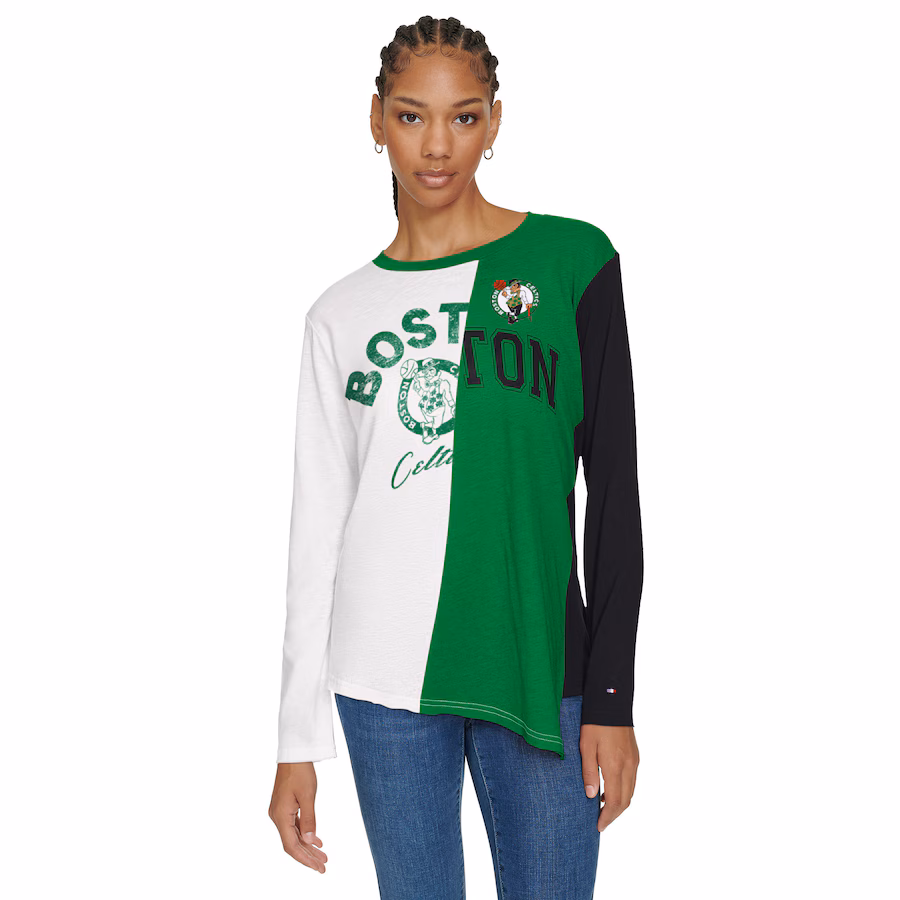 Women's Boston Celtics Tommy Jeans White/Kelly Green Amelia Color Blocked Long Sleeve T-Shirt - ujerseystore