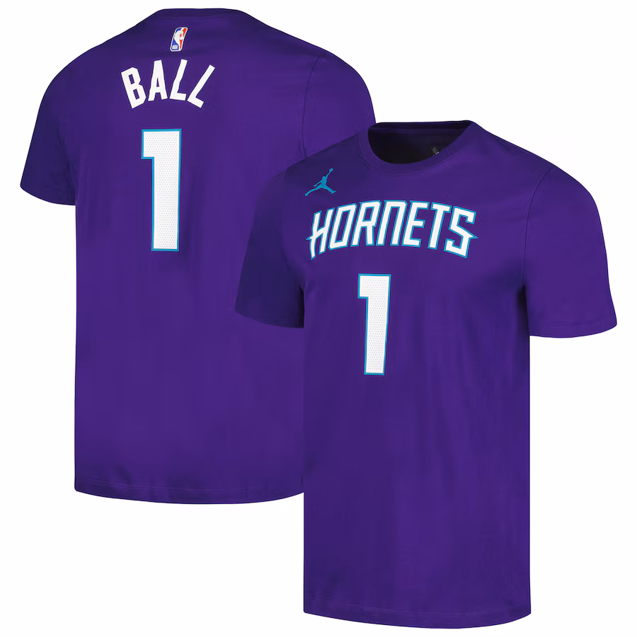 Men's Charlotte Hornets LaMelo Ball Jordan Brand Purple 2022/23 Statement Edition Name & Number T-Shirt - ujerseystore