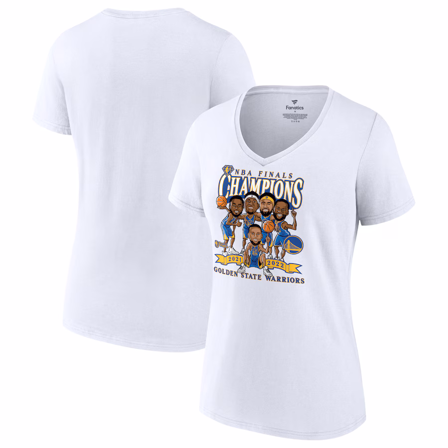 Women's Golden State Warriors Fanatics White 2022 NBA Finals Champions Caricature V-Neck T-Shirt - ujerseystore