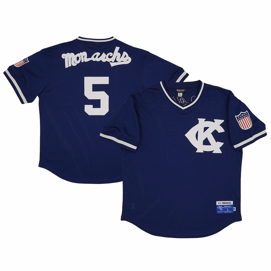 Men's Kansas City Monarchs #5 Rings & Crwns Navy Mesh Replica V-Neck Jersey - ujerseystore