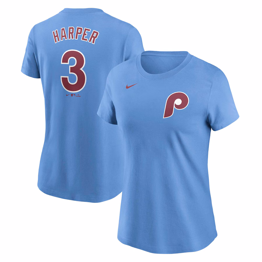 Women's Philadelphia Phillies Bryce Harper Nike Light Blue Fuse Name & Number T-Shirt - ujerseystore