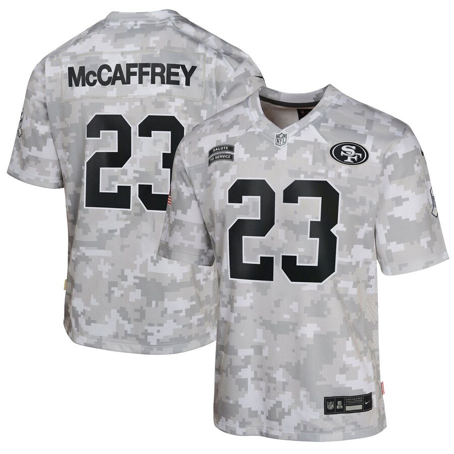 Youth San Francisco 49ers Christian McCaffrey Nike Arctic Camo 2024 Salute to Service Game Jersey - ujerseystore