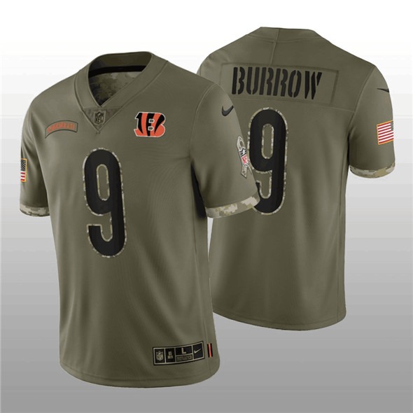 Men's Cincinnati Bengals #9 Joe Burrow 2022 Olive Salute To Service Limited Stitched Jersey - ujerseystore