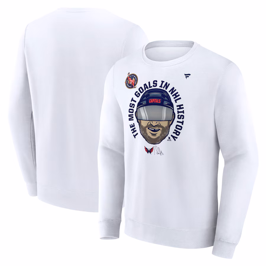 Men's Washington Capitals Alexander Ovechkin Fanatics White NHL All-Time Leading Goal Scorer GR8 Caricature Fleece Pullover Sweatshirt - ujerseystore
