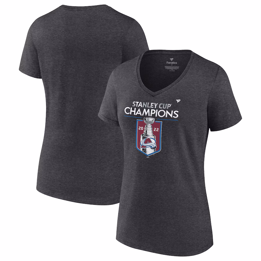 Women's Colorado Avalanche Fanatics Heathered Charcoal 2022 Stanley Cup Champions Locker Room V-Neck T-Shirt - ujerseystore