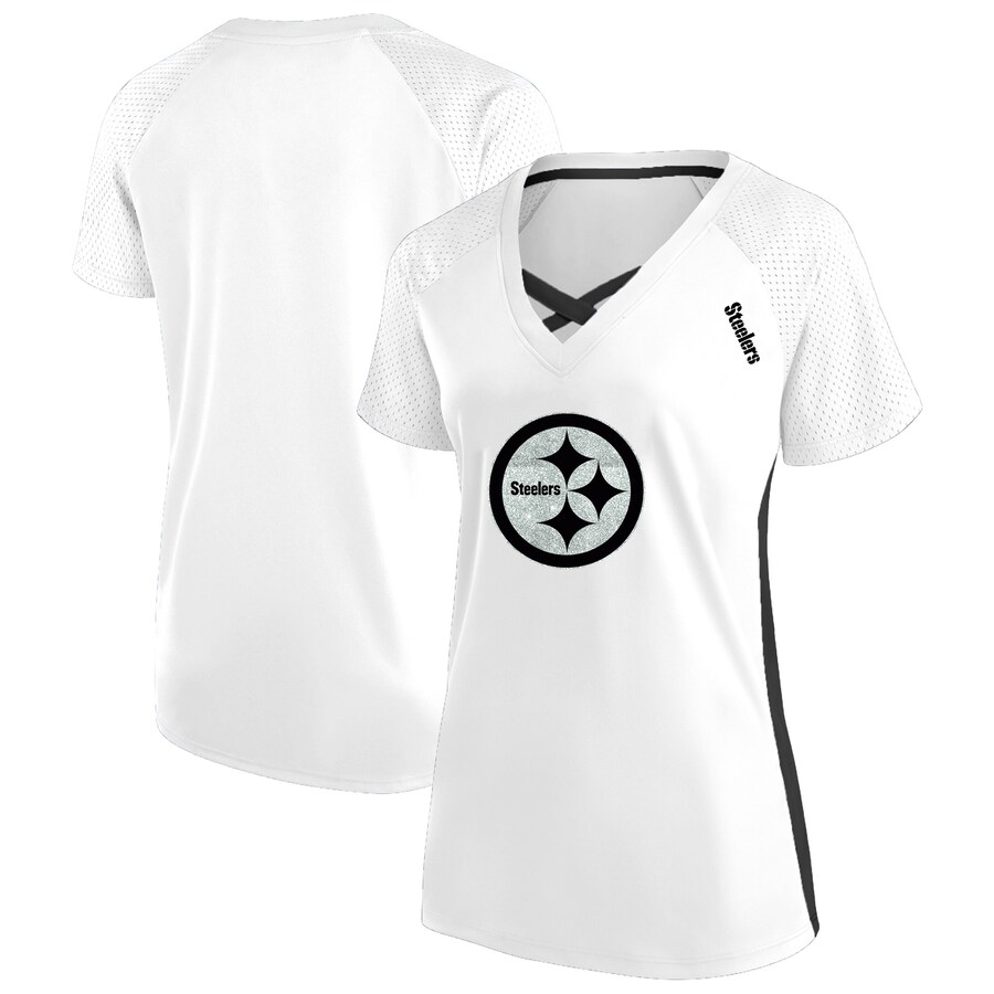 Women's Pittsburgh Steelers Fanatics White Plus Size Glitter Lace-Up V- Neck T-Shirt - ujerseystore