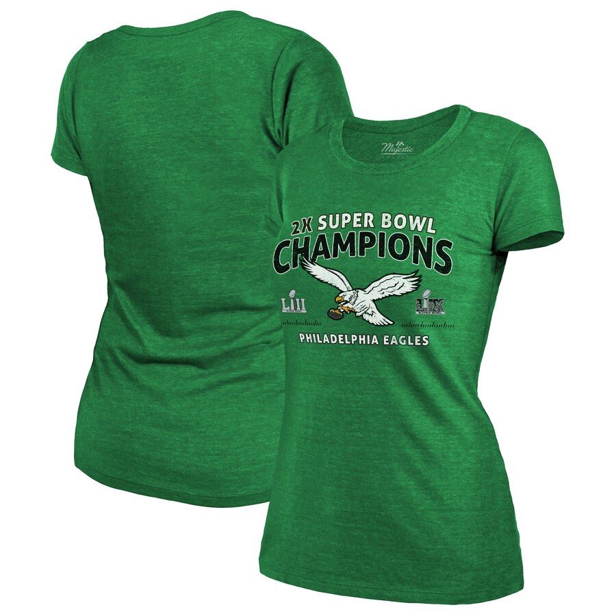 Women's Philadelphia Eagles  Majestic Threads Kelly Green Two-Time Super Bowl Champions Sky High Retro Tri-Blend T-Shirt - ujerseystore