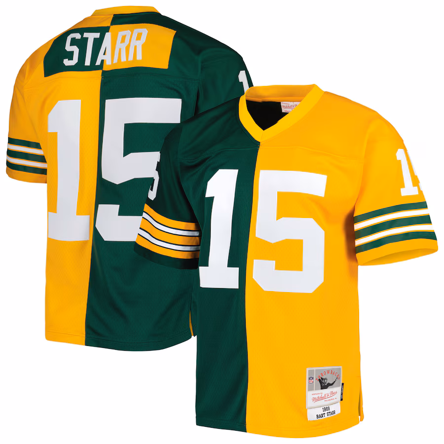 Men's Green Bay Packers Bart Starr Mitchell & Ness Green/Gold 1969 Split Legacy Replica Jersey - ujerseystore