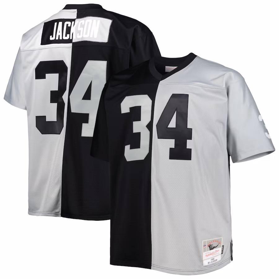 Men's Las Vegas Raiders Bo Jackson Mitchell & Ness Black/Silver Big & Tall Split Legacy Retired Player Replica Jersey - ujerseystore