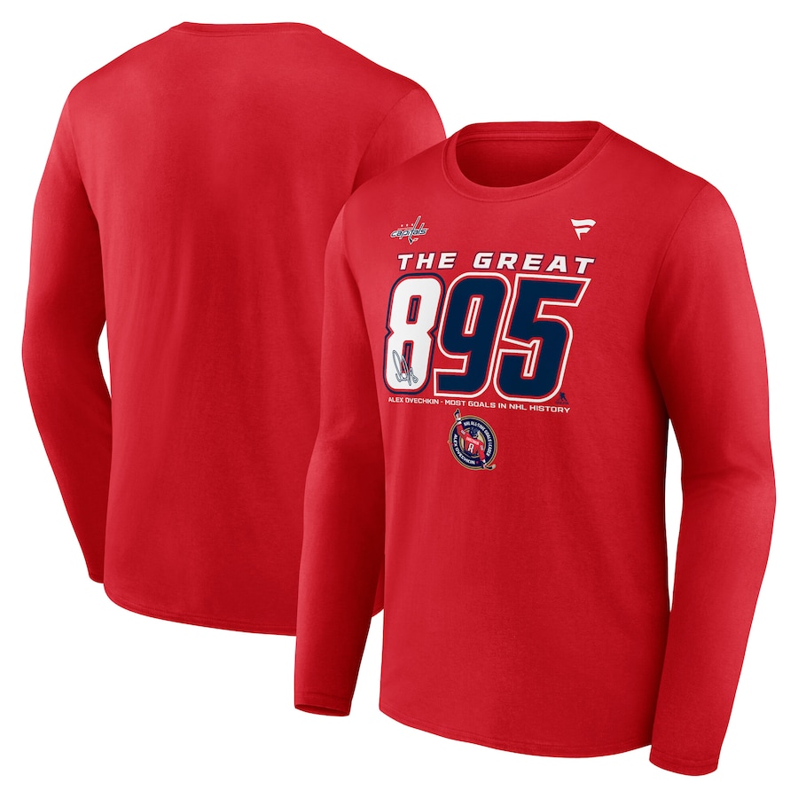 Men's Washington Capitals Alexander Ovechkin Fanatics Athletic Red NHL All-Time Leading Goal Scorer The Great 895 Long Sleeve T-Shirt - ujerseystore