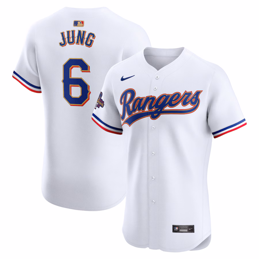 Men's Texas Rangers Josh Jung Nike White 2024 Gold Collection Elite Player Jersey - ujerseystore