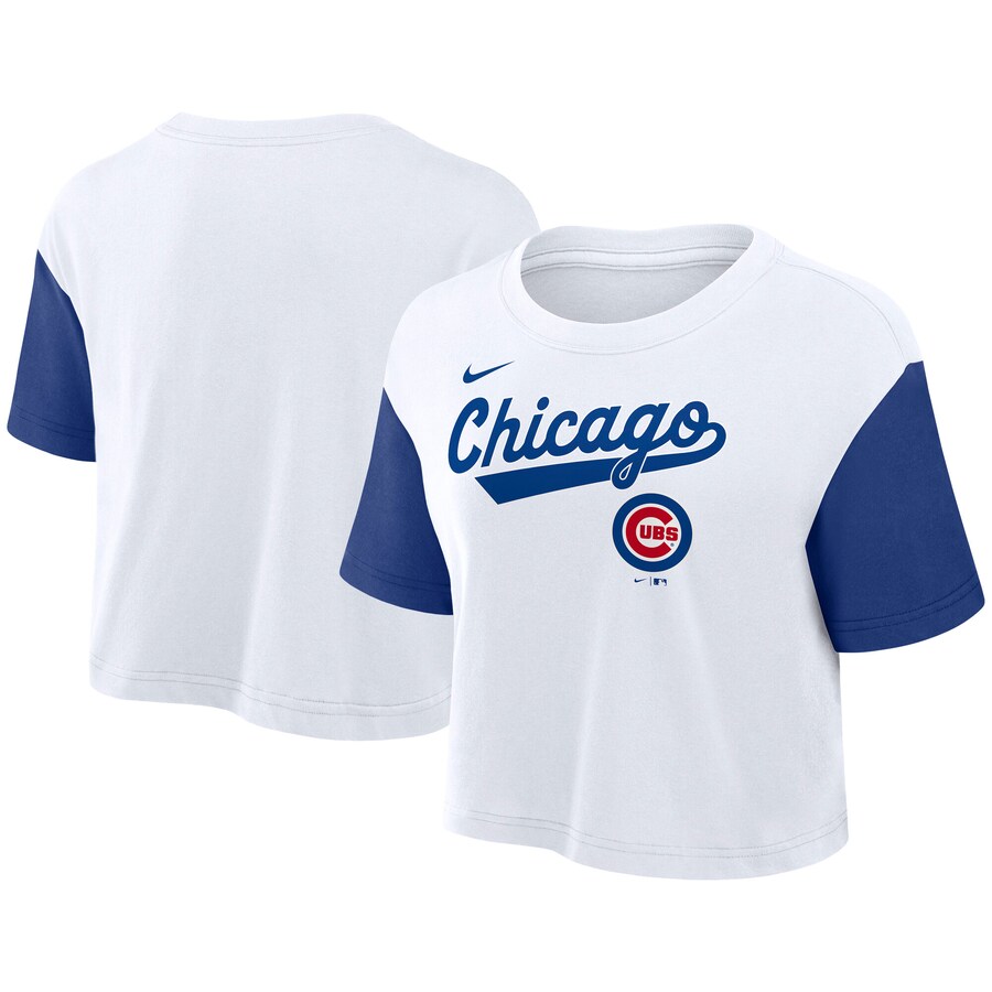 Women's Chicago Cubs Nike White/Royal Script Cropped Performance T-Shirt - ujerseystore