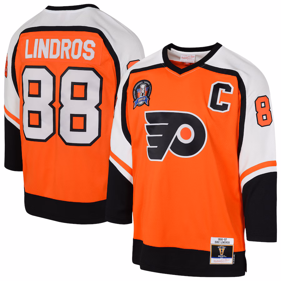 Youth Philadelphia Flyers Eric Lindros Mitchell & Ness Orange 1996/97 Power Play 2.0 Player Jersey with Captain Patch - ujerseystore