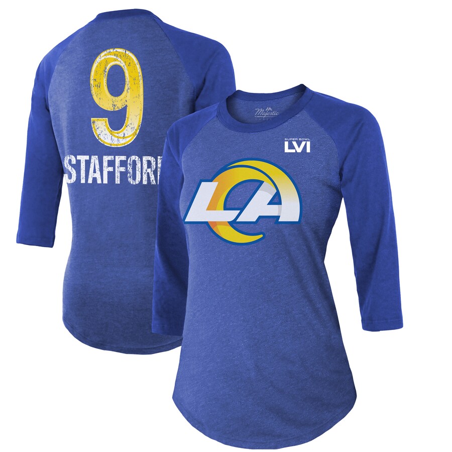 Women's Los Angeles Rams Matthew Stafford Majestic Threads Royal Super Bowl LVI Name & Number Raglan 3/4 Sleeve T-Shirt - ujerseystore