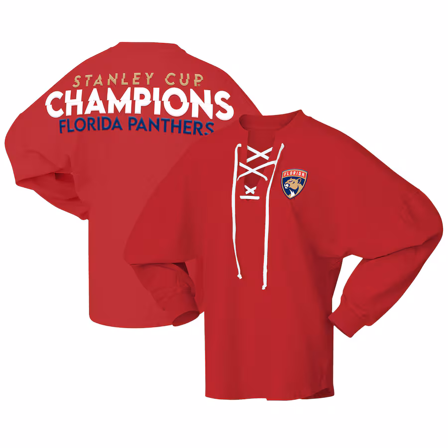 Women's Florida Panthers Fanatics Red 2024 Stanley Cup Champions Lace-Up Spirit Long Sleeve Top - ujerseystore