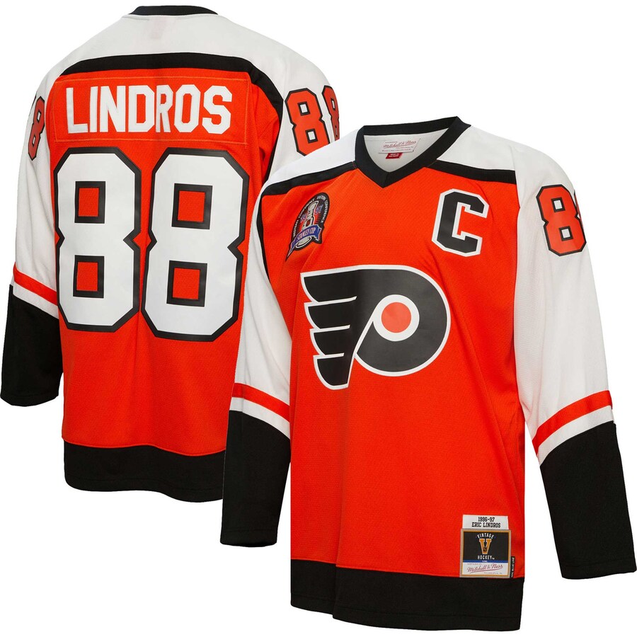 Men's Philadelphia Flyers Eric Lindros Mitchell & Ness Orange 1996/97 Captain Patch Blue Line Player Jersey - ujerseystore