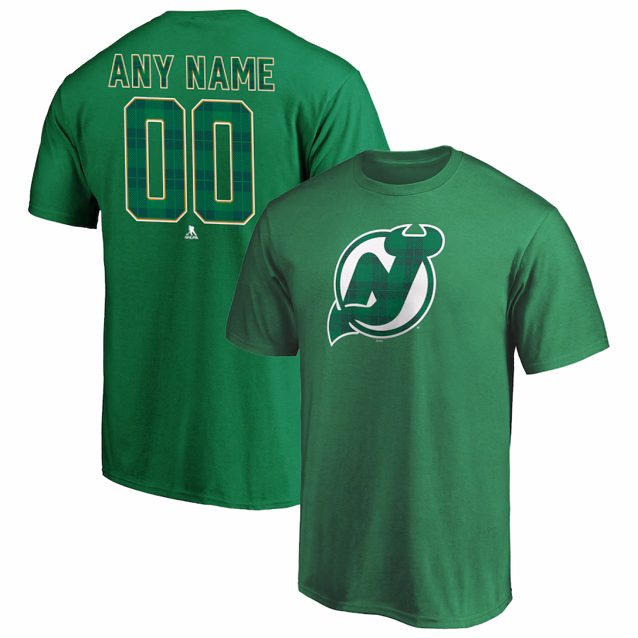 Men's New Jersey Devils Green Emerald Plaid Personalized Name & Number T-Shirt - ujerseystore
