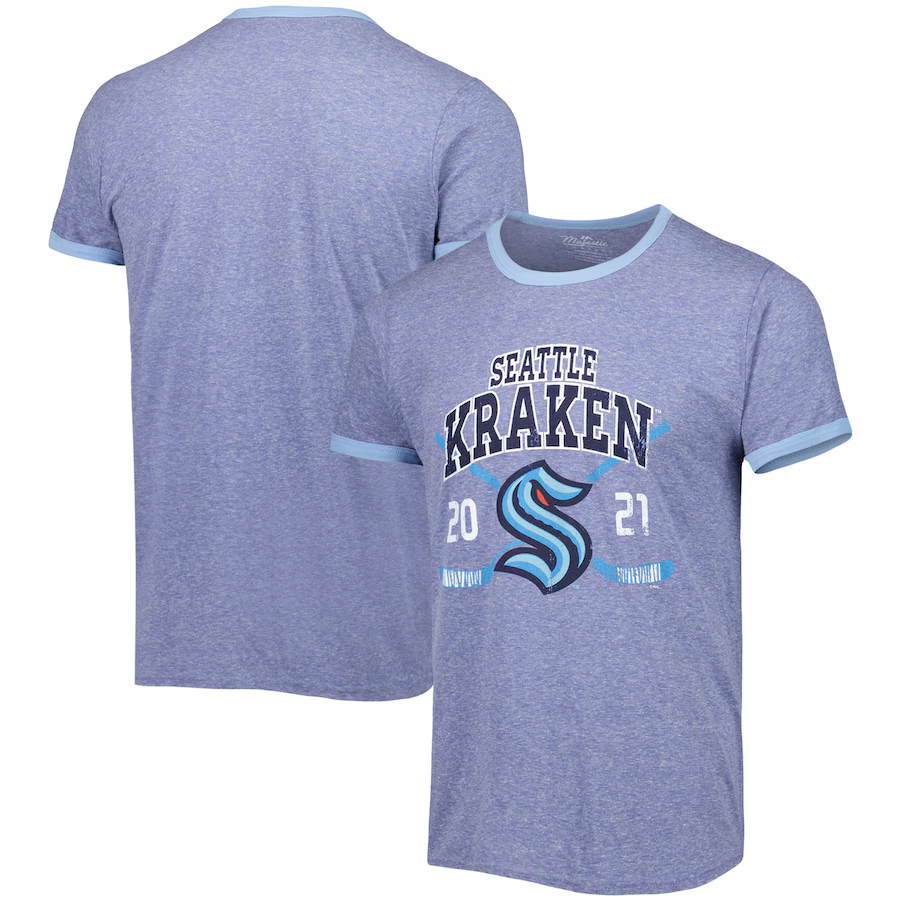 Men's Seattle Kraken Fanatics Heathered Deep Sea Blue Buzzer Beater Tri-Blend Ringer T-Shirt - ujerseystore