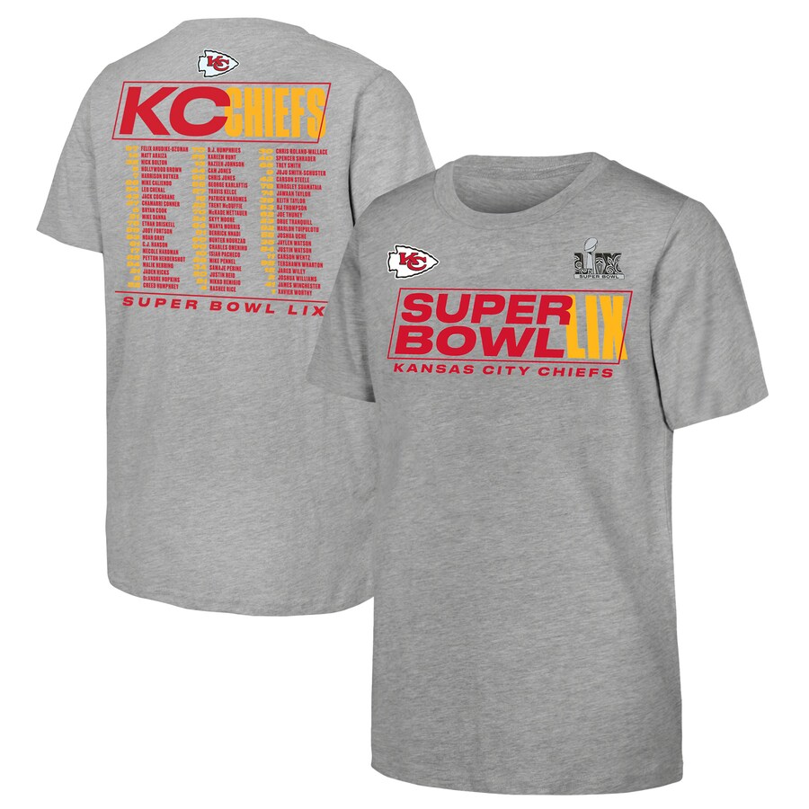 Youth Kansas City Chiefs Fanatics Heather Gray Super Bowl LIX Roster T-Shirt - ujerseystore