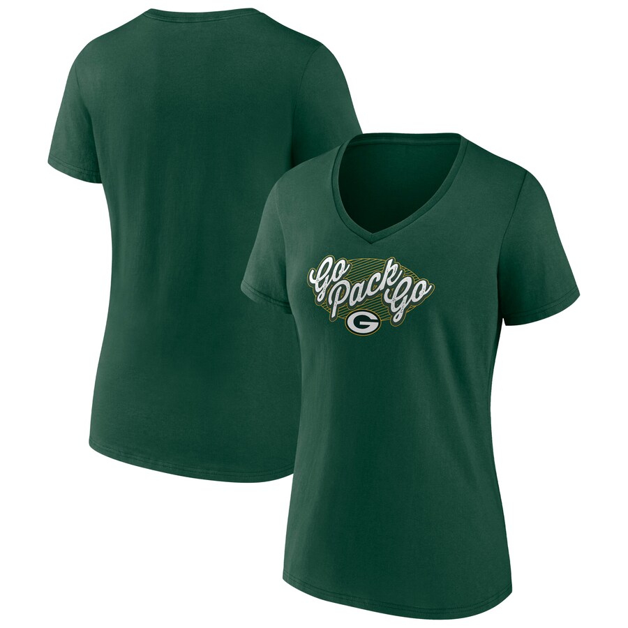 Women's Green Bay Packers Fanatics Green Back Home Again Distressed V-Neck T-Shirt - ujerseystore