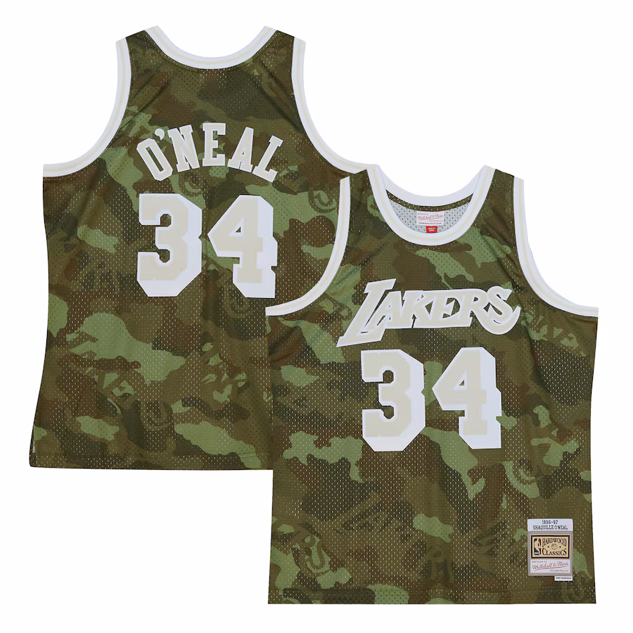 Men's Los Angeles Lakers Shaquille O'Neal Mitchell & Ness Camo Hardwood Classics 1996/97 Ghost Green Swingman Jersey - ujerseystore