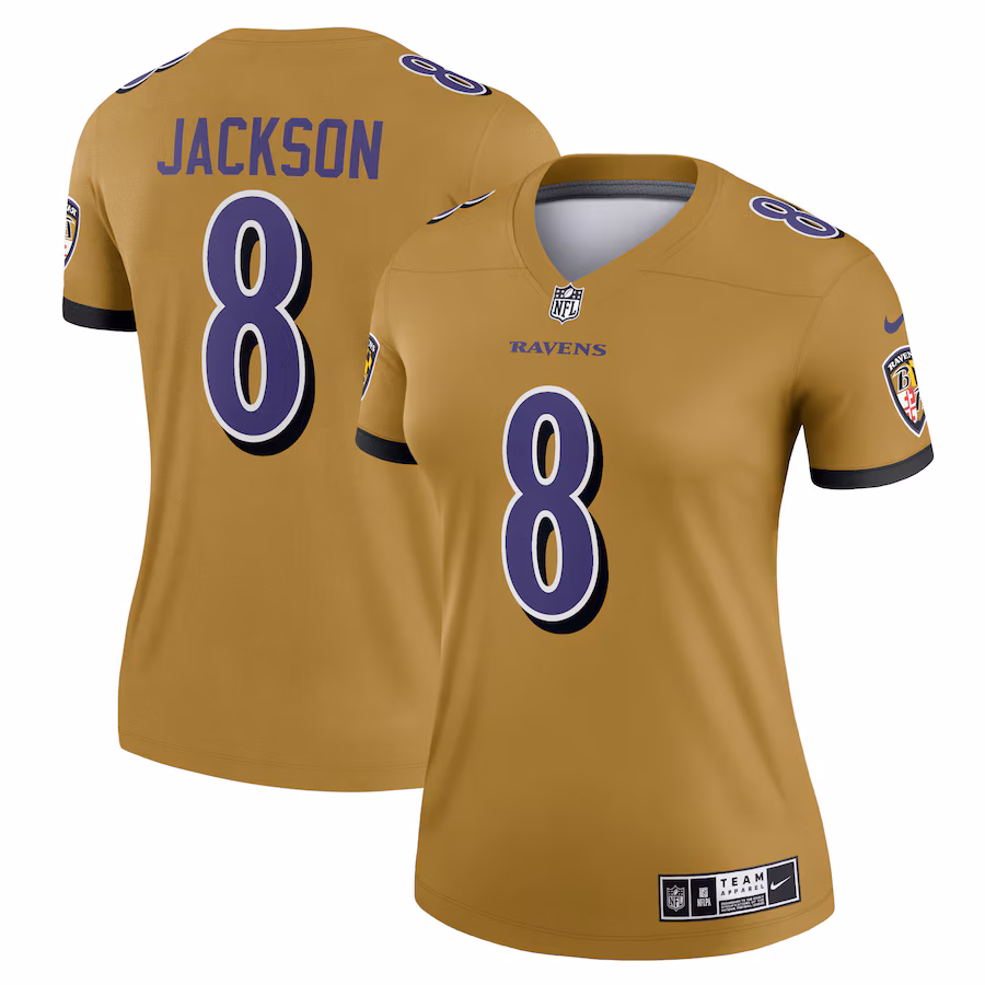 Women's Baltimore Ravens Lamar Jackson Nike Gold Inverted Legend Player Performance Top - ujerseystore