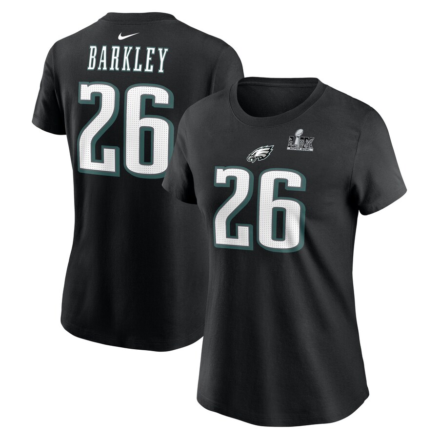 Women's Philadelphia Eagles Saquon Barkley Nike Black Super Bowl LIX Name & Number T-Shirt - ujerseystore