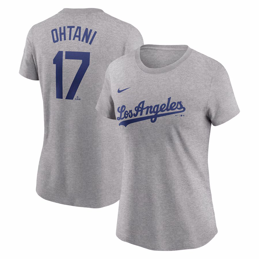 Women's Los Angeles Dodgers Shohei Ohtani Nike Heather Gray Fuse Name & Number T-Shirt - ujerseystore