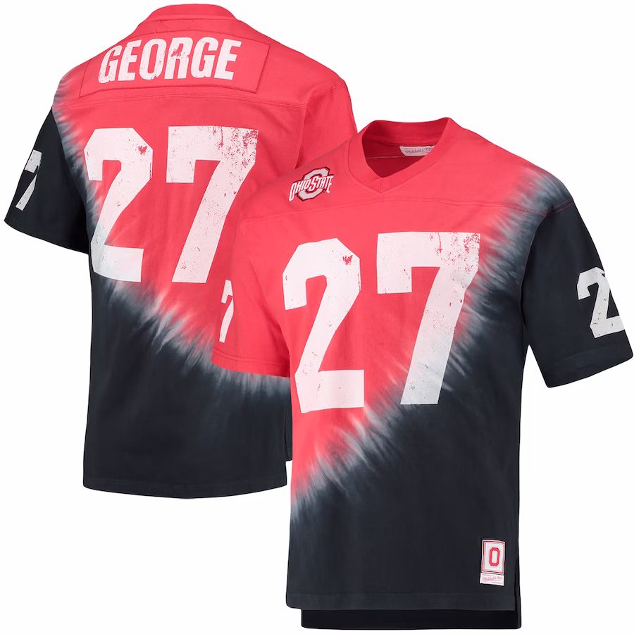 Eddie George Ohio State Buckeyes Mitchell & Ness Name & Number Tie-Dye V-Neck T-Shirt - Black/Scarlet - ujerseystore