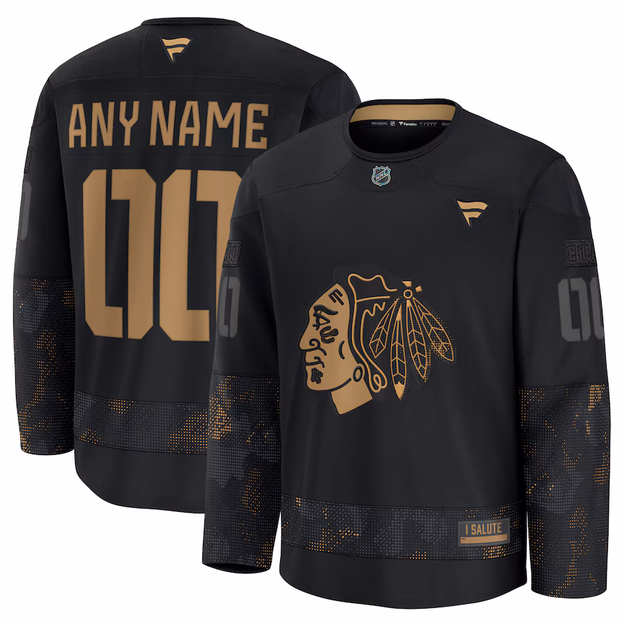 Men's Chicago Blackhawks Fanatics Black 2024 Military Appreciation Custom Practice Jersey - ujerseystore
