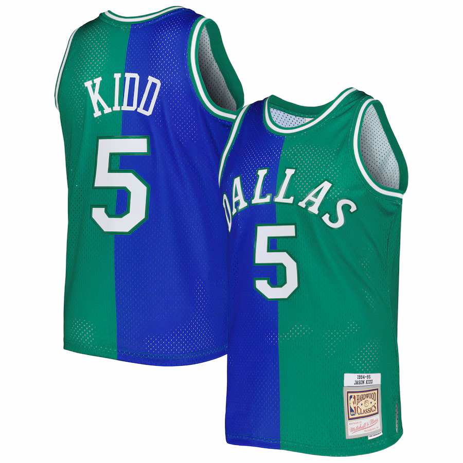 Men's Dallas Mavericks Jason Kidd Mitchell & Ness Blue/Green Hardwood Classics 1994/95 Split Swingman Jersey - ujerseystore