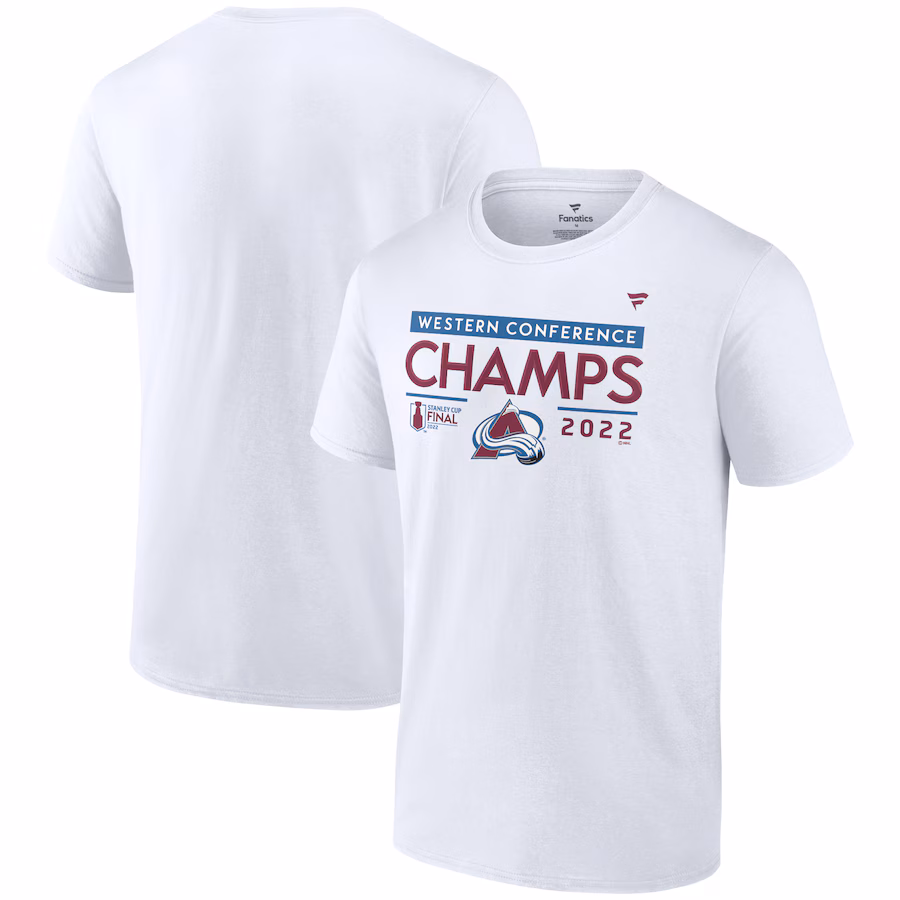 Men's Colorado Avalanche Fanatics White 2022 Western Conference Champions Locker Room T-Shirt - ujerseystore