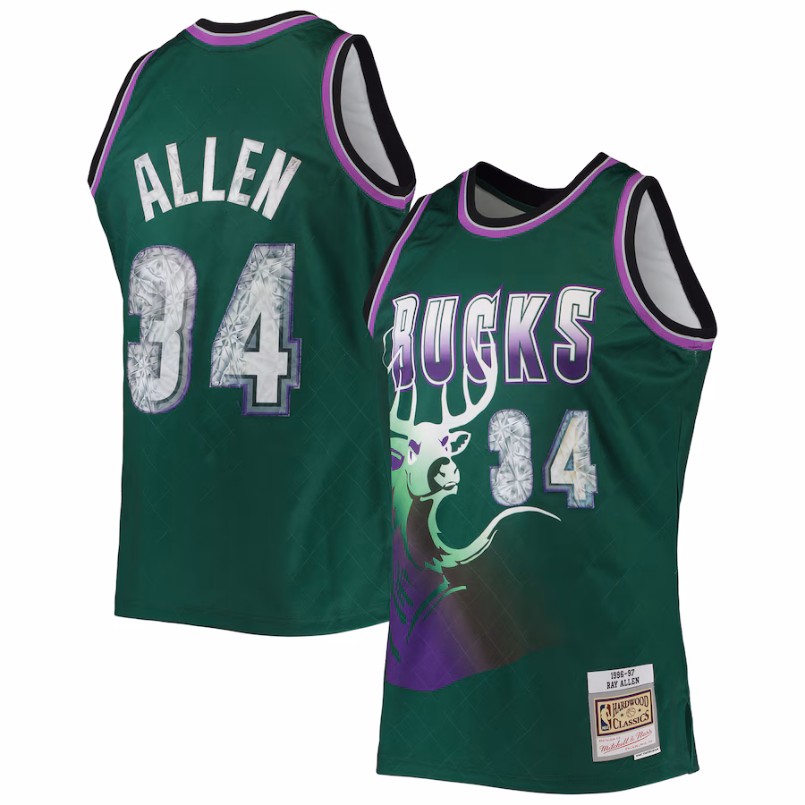 Men's Milwaukee Bucks Ray Allen Mitchell & Ness Green 1996/97 Hardwood Classics NBA 75th Anniversary Diamond Swingman Jersey - ujerseystore