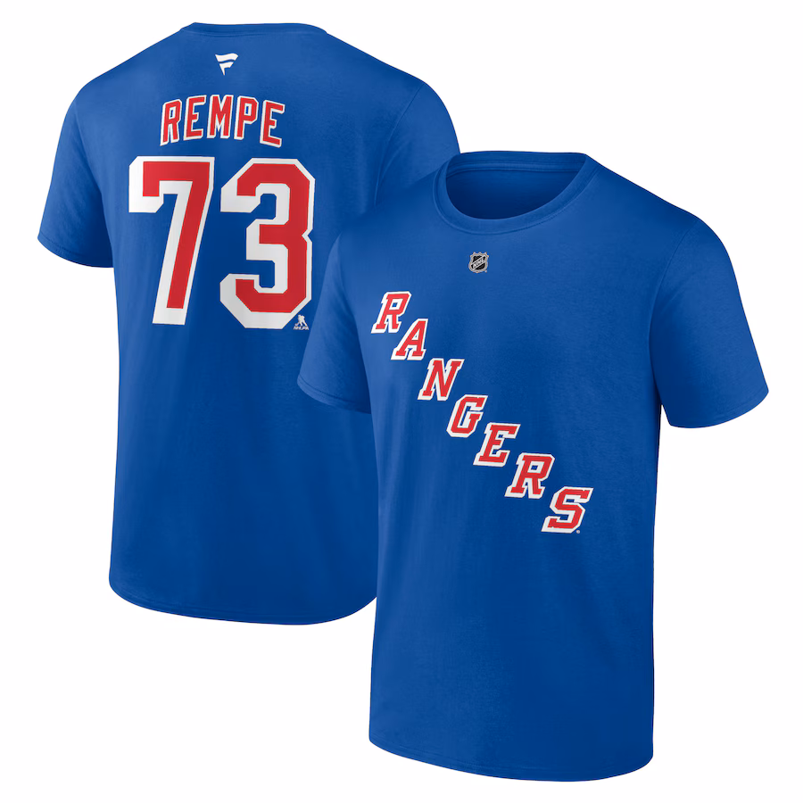 Men's New York Rangers Matt Rempe Fanatics Blue Authentic Stack Name & Number T-Shirt - ujerseystore